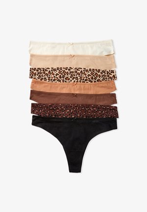 Set di sette perizoma da donna in cotone nei colori crema, beige, due fantasie leopardate, due tonalità di marrone e nero, ciascuno con un piccolo fiocco frontale.
