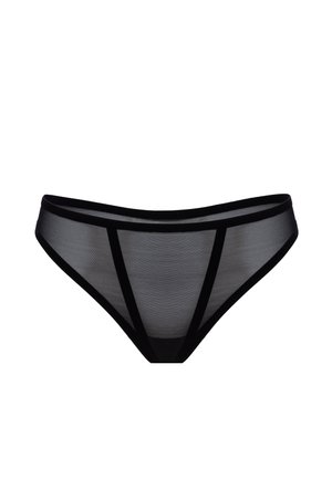 Zwarte doorschijnende string met een gladde afwerking, voorzien van contrasterende zwarte bies en een minimalistisch ontwerp. Driehoekige uitsnede en rekbaar materiaal.