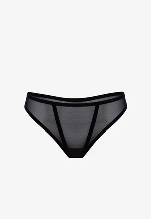 Schwarzer durchsichtiger String mit glattem Finish, kontrastierendem schwarzen Besatz und minimalistischem Design. Dreieckiger Schnitt und dehnbares Material.