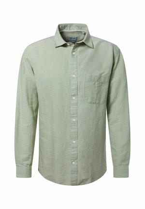 Chemise vert clair à manches longues, boutonnée avec col et poche poitrine, présentée sur un fond blanc uni.
