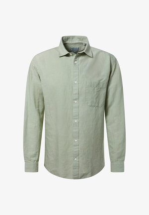 Chemise vert clair à manches longues, boutonnée avec col et poche poitrine, présentée sur un fond blanc uni.