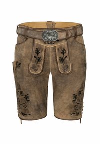 Beiga lädershorts med intrikata svarta blommönster. Har en silverfärgad bältesspänne och sidofickor med dekorativa detaljer.