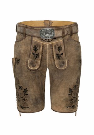Leather shorts in beige with intricate black floral embroidery. Features a silver belt buckle and side pockets with decorative accents.