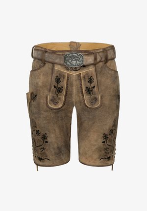 Beige leren shorts met ingewikkelde zwarte bloemenborduring. Voorzien van een zilveren riemgesp en zijzakken met decoratieve accenten.