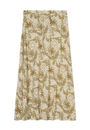 Blumiges Midirock aus leicht beigem Stoff mit grünen und roten Pflanzenmustern, Falten und einem elastischen Taillenbund für zusätzlichen Komfort.