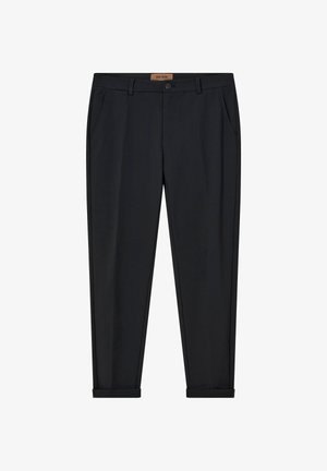 Pantaloni de un albastru închis, dintr-un material neted, cu închidere prin buton, bretele pentru curea, buzunare laterale și mansete răsucite pentru un aspect elegant.