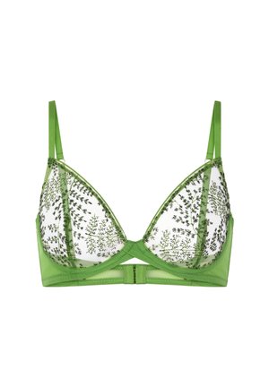 Soutien-gorge en dentelle verte avec des bonnets triangulaires ornés d'un motif floral. Partie supérieure en tulle transparent avec une doublure verte unie et des bretelles réglables.
