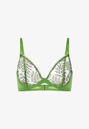 Soutien-gorge en dentelle verte avec des bonnets triangulaires ornés d'un motif floral. Partie supérieure en tulle transparent avec une doublure verte unie et des bretelles réglables.