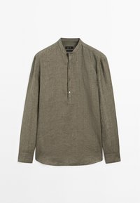 Long-sleeve, olive green shirt with a mandarin collar and three front buttons, displayed against a white background.