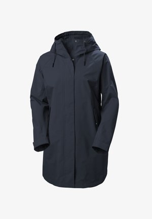 Waterproof outdoor jacket in dark navy. Features a hood, full-length front zipper, side pockets, and a relaxed fit with long sleeves.