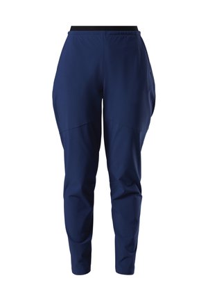 Marineblauwe taps toelopende broek met elastische tailleband en subtiele naaddetails, ontworpen voor comfort en casual gebruik.