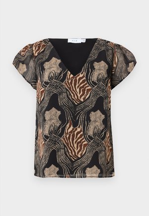 Lühikeste varrukatega pluus mustal taustal, millel on mitmevärviline abstraktne prindi kombinatsioon kuldse, pruuni ja beeži värviga. V-kaelusega disain, pehme tekstuuriga.