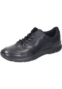Black leather athletic shoe with a smooth finish, lace-up front, padded collar, and perforated accents on the sides for breathability.