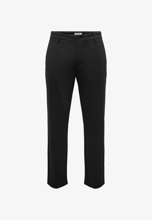 Mustat slim-fit-housut, joissa vyölenkit, edessä nappi- ja vetoketjusuljenta sekä sivutaskut, valkoisella taustalla esitettyinä.