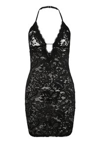 Abito mini in pizzo nero con scollatura profonda, spalline al collo e motivo floreale; presenta un'apertura a chiave decorata con strass.