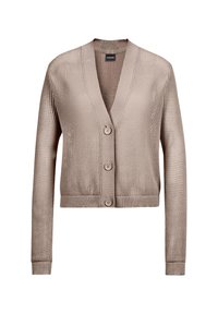 Beige gestrickte Strickjacke mit V-Ausschnitt, drei Knöpfen und gerippten Bündchen. Verfügt über ein strukturiertes Netzmuster und einen verkürzten Schnitt.