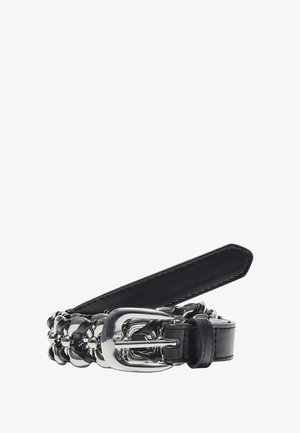 Black leather belt featuring a woven design with silver-toned hardware. The buckle is rectangular and metallic, contrasting with the leather texture.