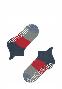 Chaussettes courtes présentant des couleurs bleu, rouge, gris et blanc avec un motif de grip en caoutchouc à pois sur la semelle. Matériau : tissu tricoté doux.