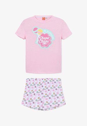 La maglietta di cotone rosa presenta un logo "Chupa Chups" bianco e verde acqua con leccalecca. I pantaloni corti coordinati hanno una stampa di leccalecca pastello su sfondo bianco.