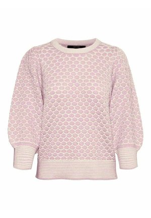 Liliowy sweter z dzianiny z bufiastymi długimi rękawami i teksturą plastra miodu, z prążkowanymi mankietami, dołem i okrągłym dekoltem.