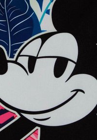 Gráfico en blanco y negro de la cara de un personaje de dibujos animados con una gran sonrisa; superpuesto con patrones coloridos de hojas azules y rosas como detalles de fondo.