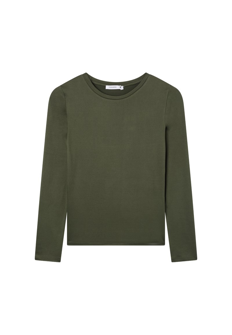 Maglietta Donna Manica Lunga Scollo A V Verde Militare - Basic Elasticizzata Comoda - 2