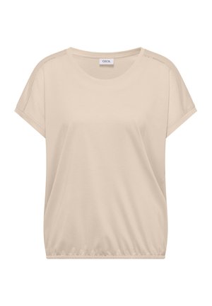 Blouse beige à manches courtes avec encolure ronde, ourlet élastique et coutures apparentes le long des coutures d'épaule, étiquetée "Cecil".