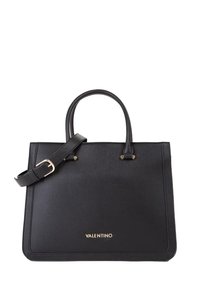 Borsa tote in pelle nera con manici superiori doppi e una tracolla regolabile rimovibile. Dotata di finiture dorate e logo del brand impresso sul davanti.