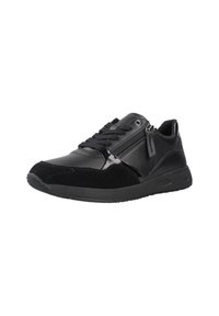 Sneaker nero low-top con chiusura frontale con lacci, cerniera laterale, materiali in camoscio e pelle, e suola in gomma imbottita.
