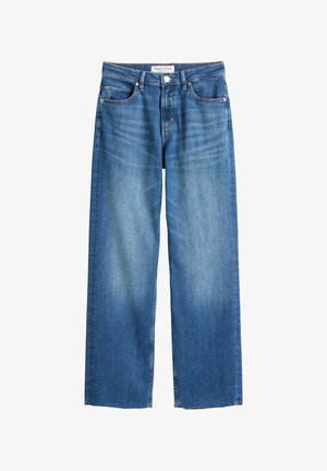 Wide-leg jeans in a medium blue denim, featuring a light wash, five-pocket design, and a button closure at the waist.
