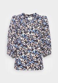 Blusa floral feita de tecido leve apresenta um padrão multicolorido de azul, preto e pêssego, com mangas bufantes e decote redondo.