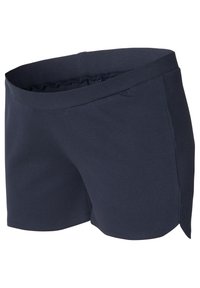 Granatowe szorty sportowe wykonane z prążkowanej tkaniny, z szerokim pasem w talii i bocznymi rozporkami dla lepszej swobody ruchów. Gładka tekstura.