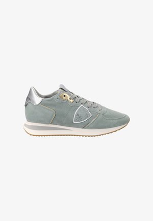 Mint green suede sneaker with silver accents, white stitching, and a rubber sole. Features a triangular side logo and lace-up design.