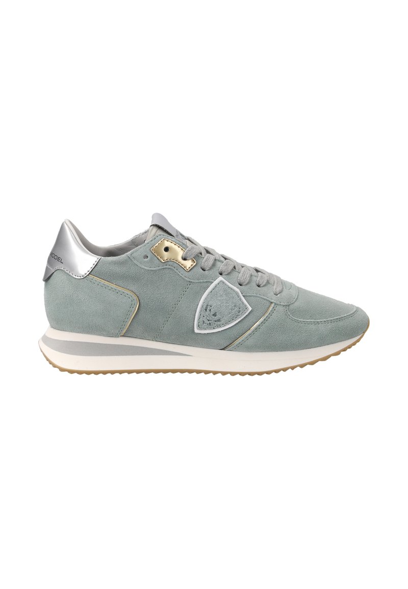 Mint green suede sneaker with silver accents, white stitching, and a rubber sole. Features a triangular side logo and lace-up design.
