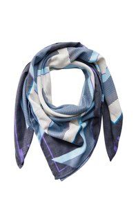 Écharpe multicolore avec des motifs géométriques et des rayures dans des nuances de bleu, gris et violet. Tissu doux et léger avec une texture lisse.