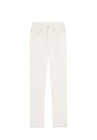 Valkoiset farkut slim fit -mallissa, joissa on etupocketit, takataskut ja kontrastiväriset saumat. Kankaan pinta on sileä.