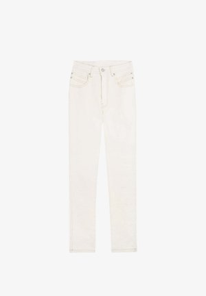 Hvide denimjeans med slim fit, der har forlommer, baglommer og kontrastretninger. Stoffet har en glat overflade.