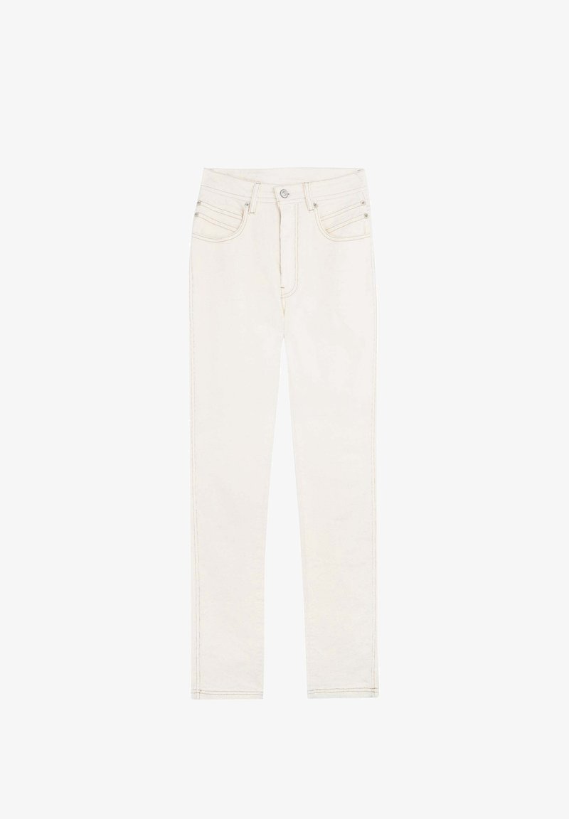 Valkoiset farkut slim fit -mallissa, joissa on etupocketit, takataskut ja kontrastiväriset saumat. Kankaan pinta on sileä.