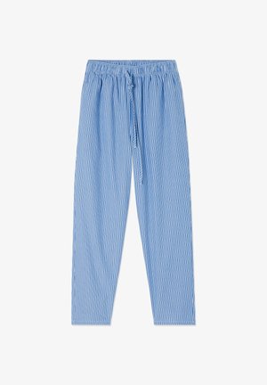 Blå och vita vertikalt randiga byxor med elastisk midja och dragsko, liggande plant på vit bakgrund.