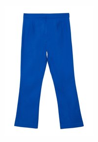 Pantaloni dritti blu brillante con un frontale liscio e una cintura, esposti in piano contro uno sfondo bianco.