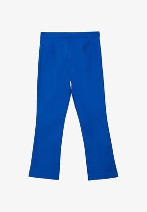 Leggings blu con una texture liscia, un design aderente e una forma della gamba leggermente svasata. Presentano una cintura piatta e nessun motivo visibile.