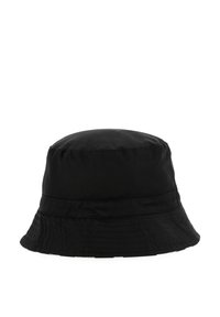 Chapeau seau noir en tissu lisse et résistant à l'eau. Doté d'une couronne ronde, d'un large bord et de détails de couture subtils sur les bords.