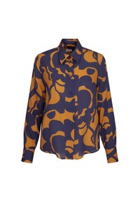 Langermig shirt in marineblauw en mosterdgeel met een abstract patroon, met een knoopsluiting aan de voorkant en een klassieke kraag.