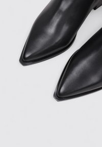 Black leather pointed-toe ankle boots with a sleek design, featuring a smooth finish and a low block heel.
