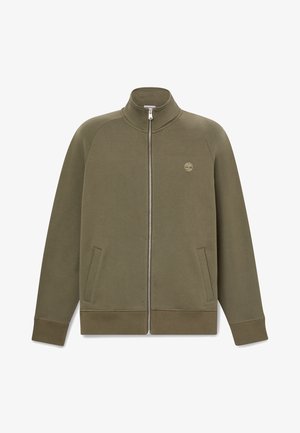 Olivgrüne Reißverschlussjacke mit Stehkragen, zwei Fronttaschen, gerippten Bündchen und Saum sowie kleinem Baum-Logo auf der linken Brust.