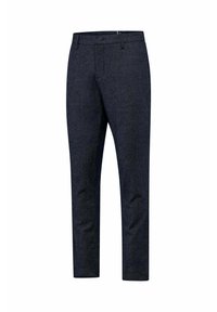 Pantaloni scuri in blu navy con tessuto testurizzato, vestibilità slim e gambe dritte. Caratterizzati da una vita classica e tasche frontali.