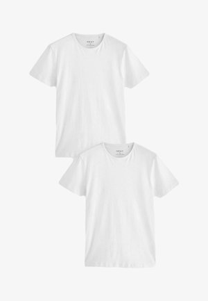 White cotton t-shirts, round crew neck, short sleeves, displayed in a set of two. Soft texture, simple design, no patterns or accents.