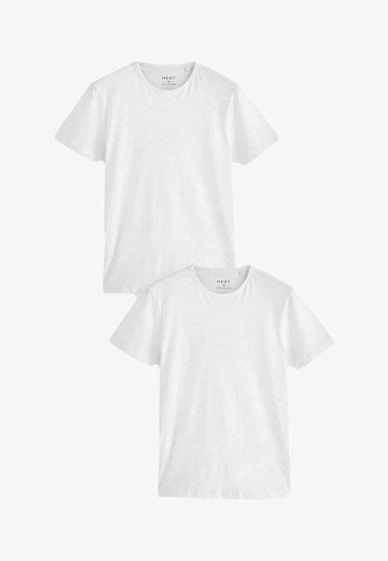 Valged puuvillased T-särgid, ümar kaelus, lühikesed varrukad, esitatud kahe ühes komplektis. Pehme tekstuur, lihtne disain, ilma mustrite või aktsentideta.