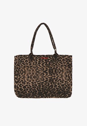 Bolso de lona con base beige y estampado de leopardo negro. Cuenta con dos asas resistentes y una forma rectangular espaciosa.