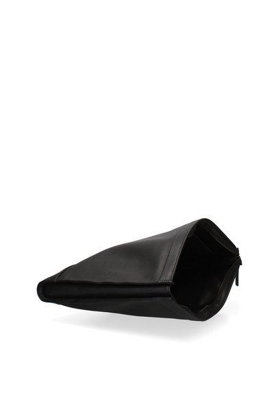 Black leather clutch bag with a triangular shape, smooth texture, zipper closure, and a fold-over design for a modern look.